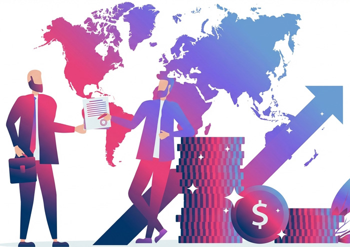 Two business people discussing funding with a world map background