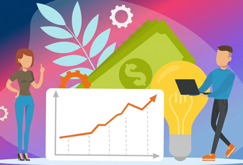 Business growth chart with characters and lightbulb